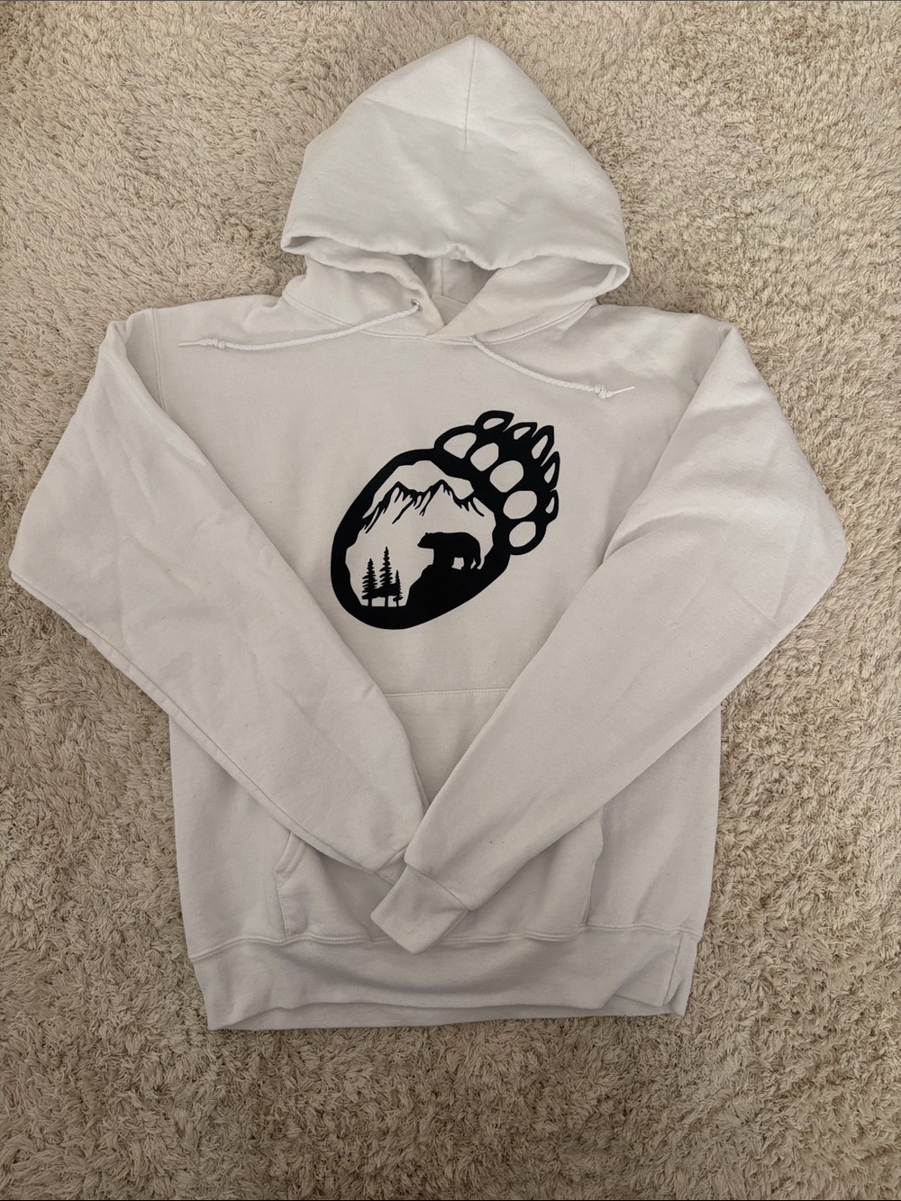 Hanes White Hoodie with Black Bear Paw and Mountains are calling must go graphic